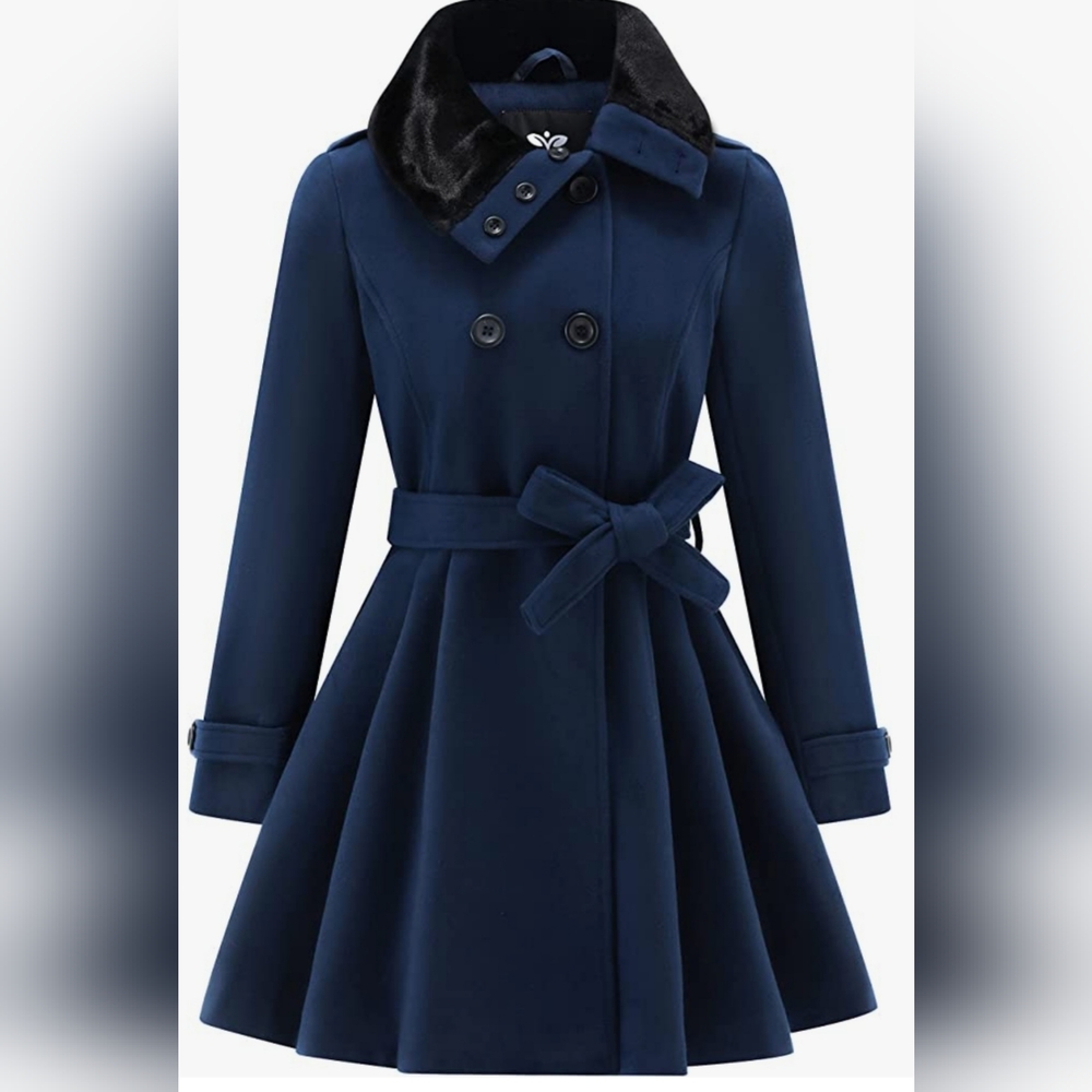 Women's Fashion Faux Fur Lapel Double-Breasted Thick Wool Trench Coat by GGleaf